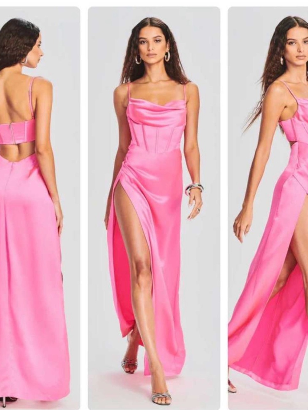 Retrofete Hot Pink Satin Cowl Neck Maxi Dress with High Thigh Slit